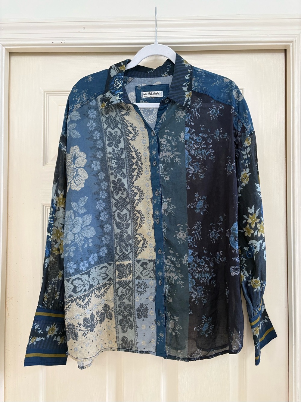 We The Free Blue Patchwork Floral Button-Down Shirt